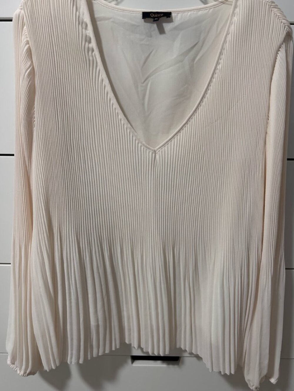QUINCE CHIFFON PLEATED V-NECK BLOUSE XL POET SLEEVE ETHEREAL IVORY CREAM WHITE